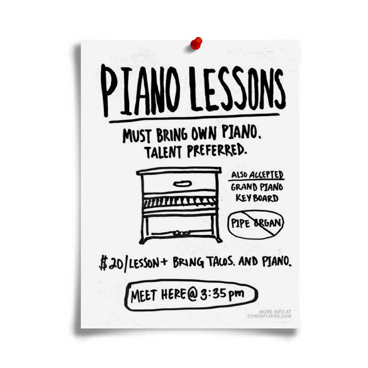 Piano Lessons Funny Printable Joke Flyer PrankO