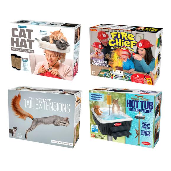 4 Pack Medium Boxes: NEW 2023: Cat Hat, Fire Chief, Pet Tail Extensions, Squirrel Hot Tub