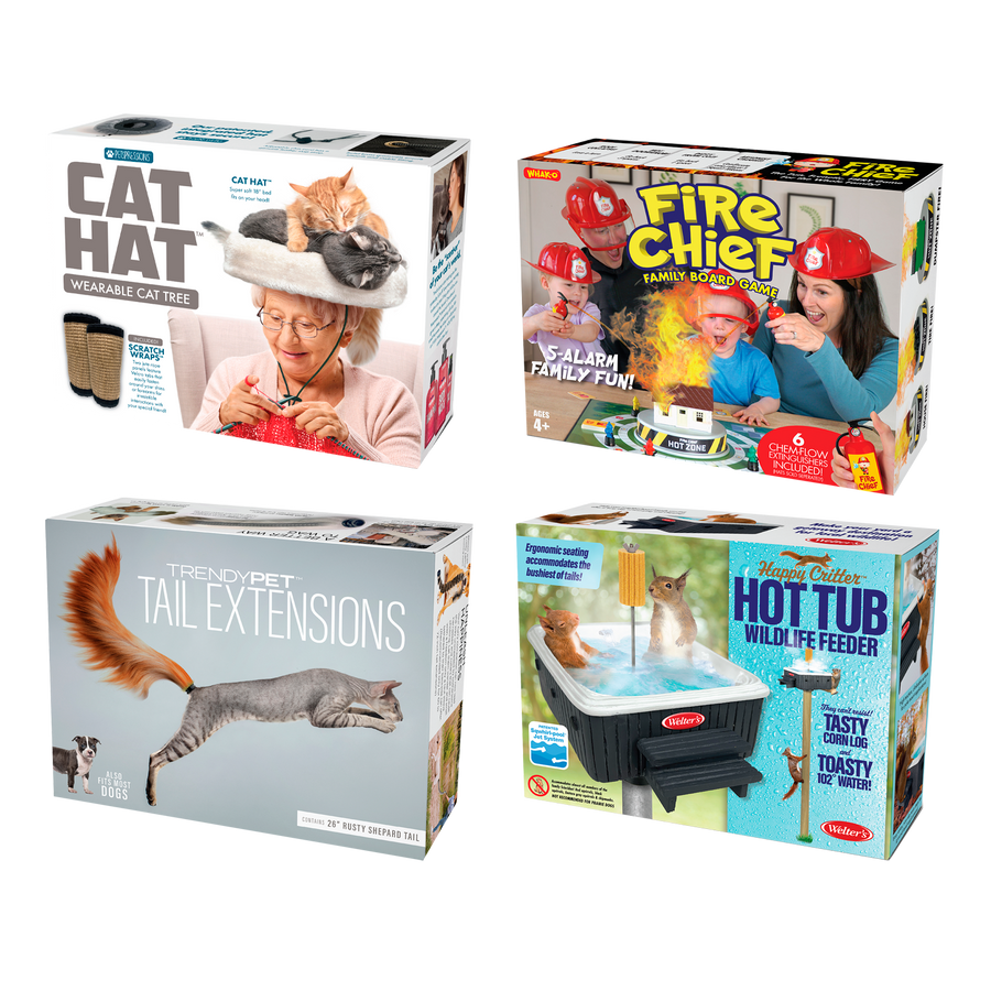 4 Pack Medium Boxes: NEW 2023: Cat Hat, Fire Chief, Pet Tail Extensions, Squirrel Hot Tub