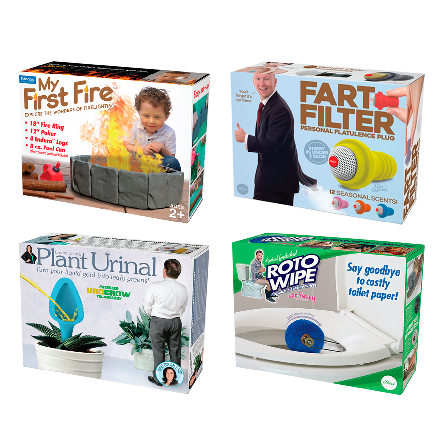 4 Pack Medium Boxes: Fart Filter, My First Fire, Plant Urinal, Roto Wipe