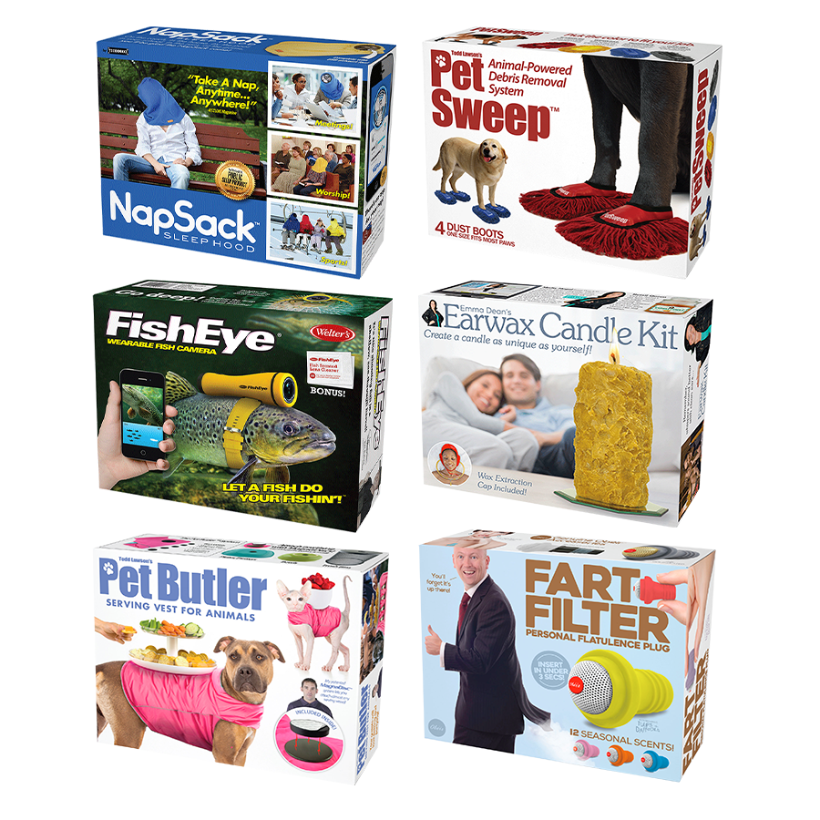 6 Pack Small Boxes: Nap Sack, Pet Sweep, Fish Eye, Earwax Candle Kit, Pet Butler, Fart Filter