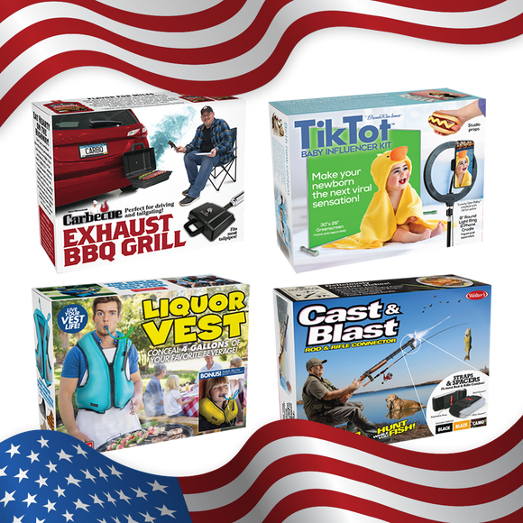 4 Pack Medium Boxes: AMERICA: Carbeque, Cast & Blast, Liquor Vest, Tik Tot