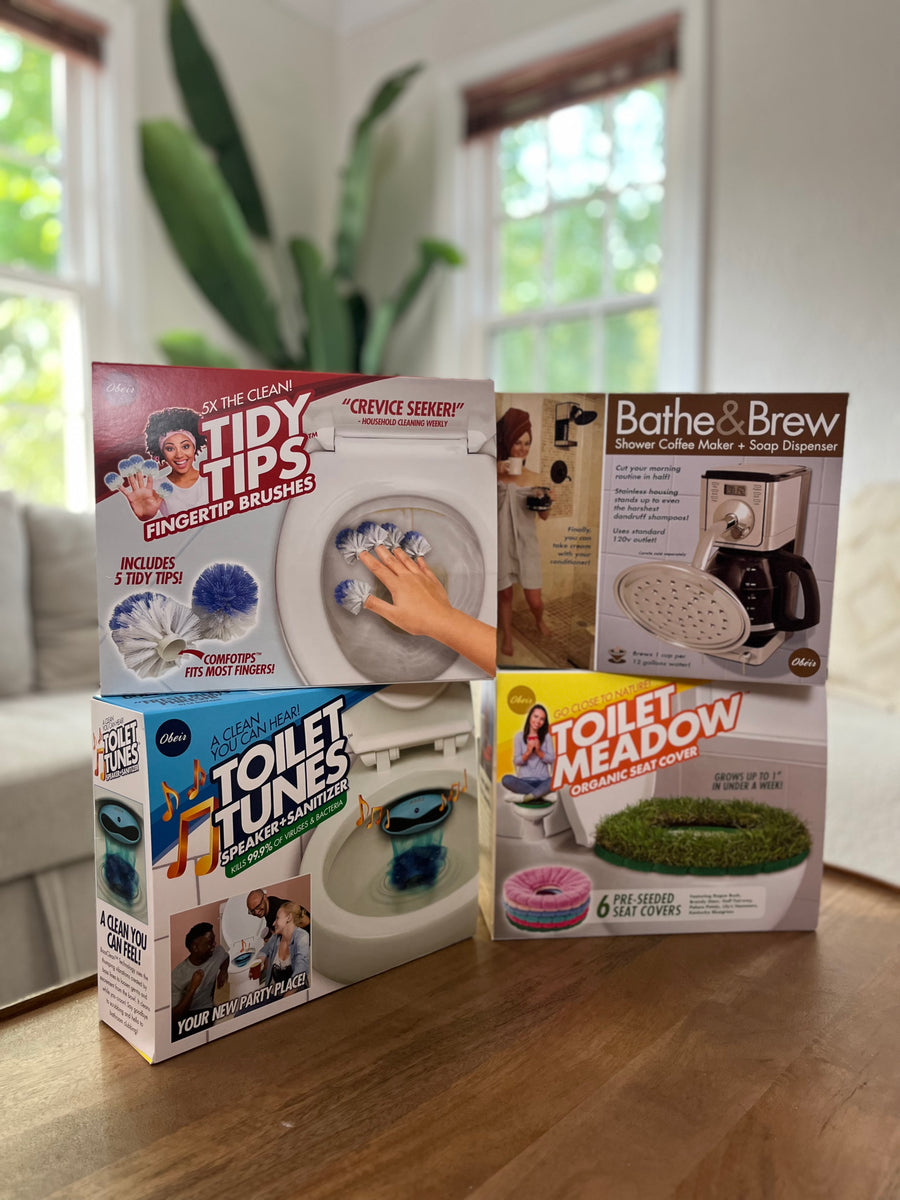 4 Pack Medium Boxes: BATHROOM: Bathe & Brew, Tidy Tips, Toilet Meadow, Toilet Tunes