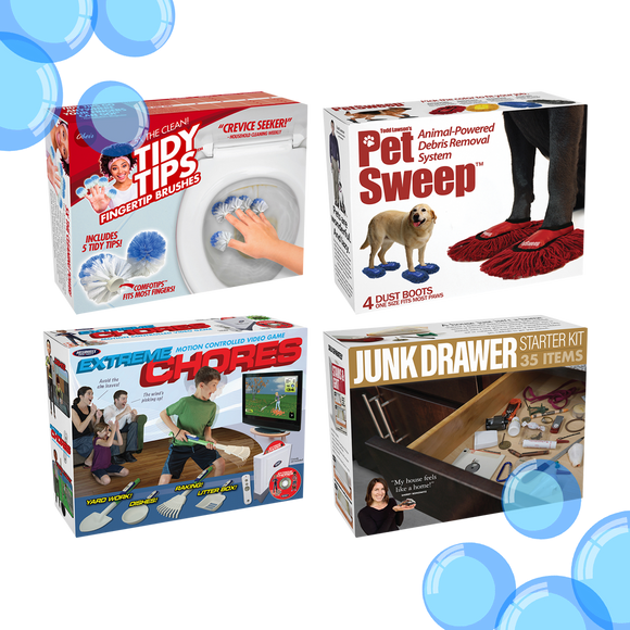 4 Pack Medium Boxes: Cleaning Bundle: Extreme Chores, Junk Drawer, Pet Sweep, Tidy Tips