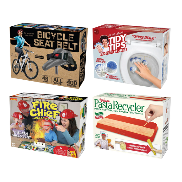 4 Pack Medium Boxes: Bicycle Seat Belt, Fire Chief, Pasta Recycler, Tidy Tips