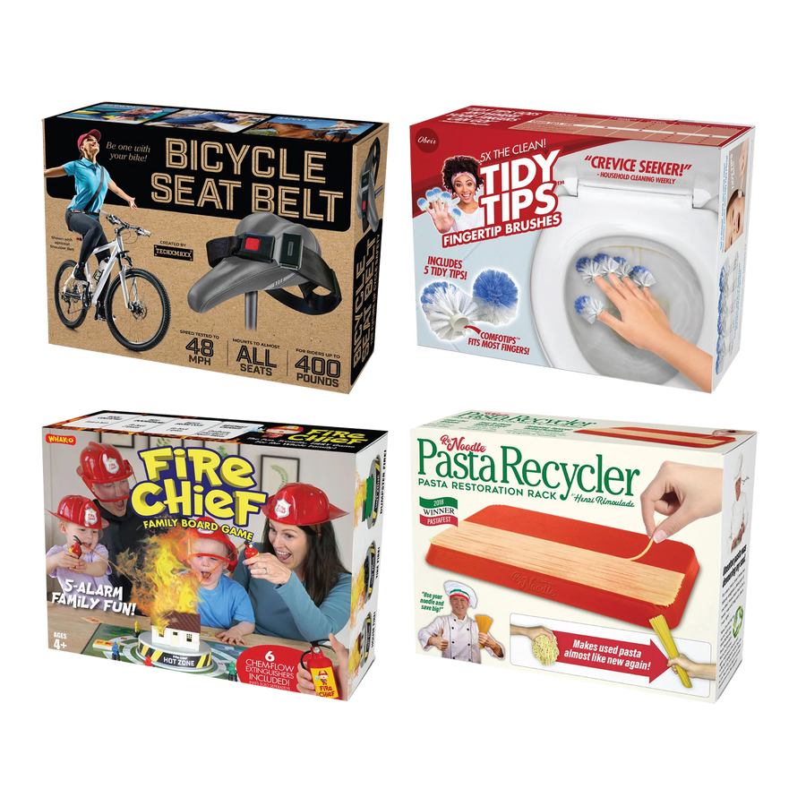 4 Pack Medium Boxes: Bicycle Seat Belt, Fire Chief, Pasta Recycler, Tidy Tips