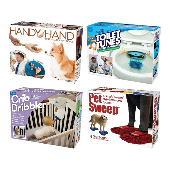 4 Pack Medium Boxes: Crib Dribbler, Handy Hand, Pet Sweep, Toilet Tunes