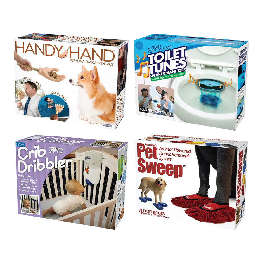 4 Pack Medium Boxes: Crib Dribbler, Handy Hand, Pet Sweep, Toilet Tunes