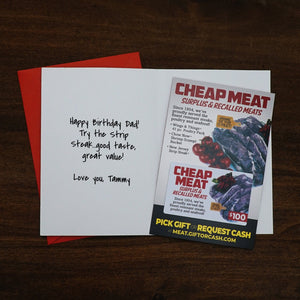 Cheap Meat joke gift card in a birthday card