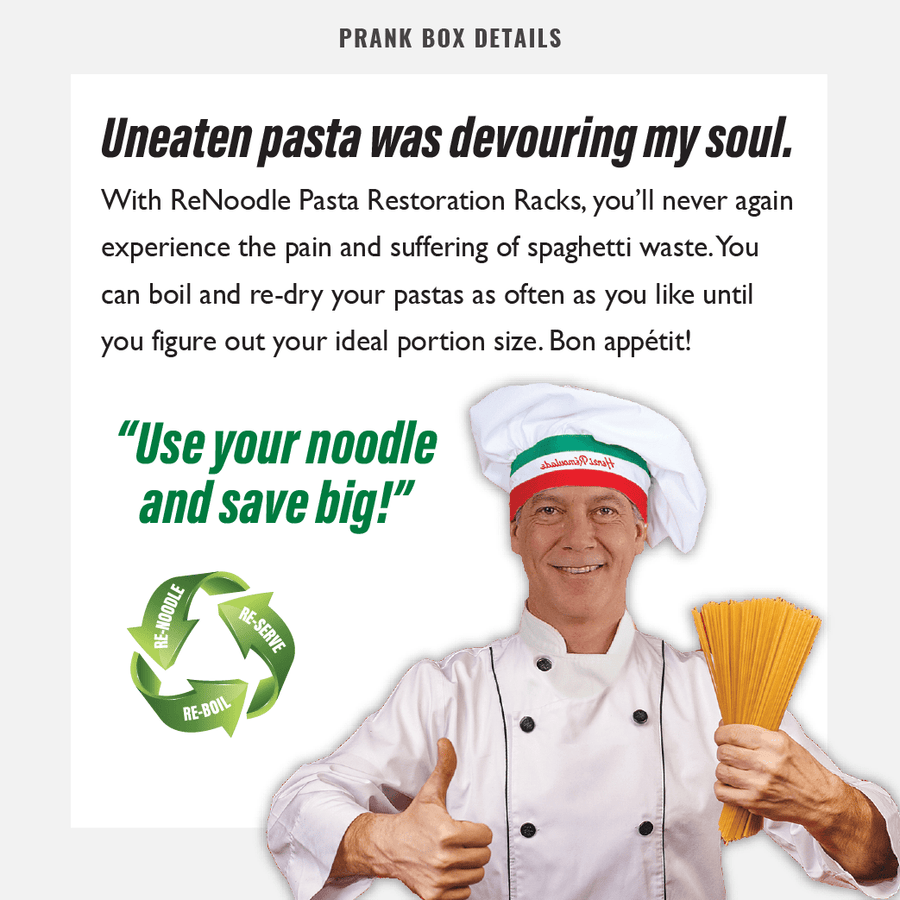 joke Pasta Recycler gift box from Prank-O box details