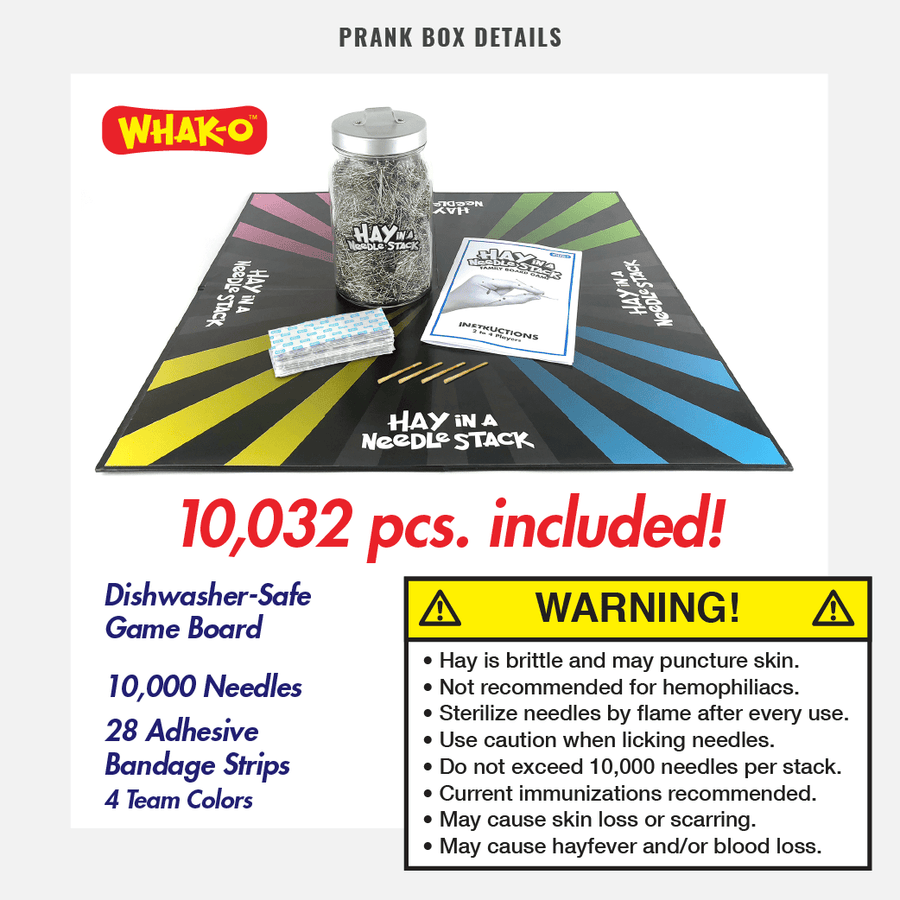 details from joke box for a Hay in a Needle Stack family board game from Prank-O