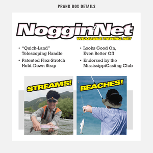 box details from joke gift box for the Noggin Net wearable fishing net