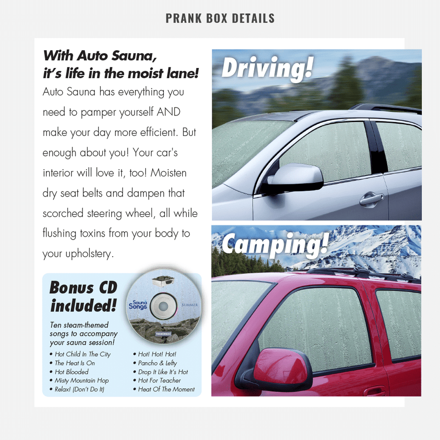 box details for the Auto Sauna from Prank-o