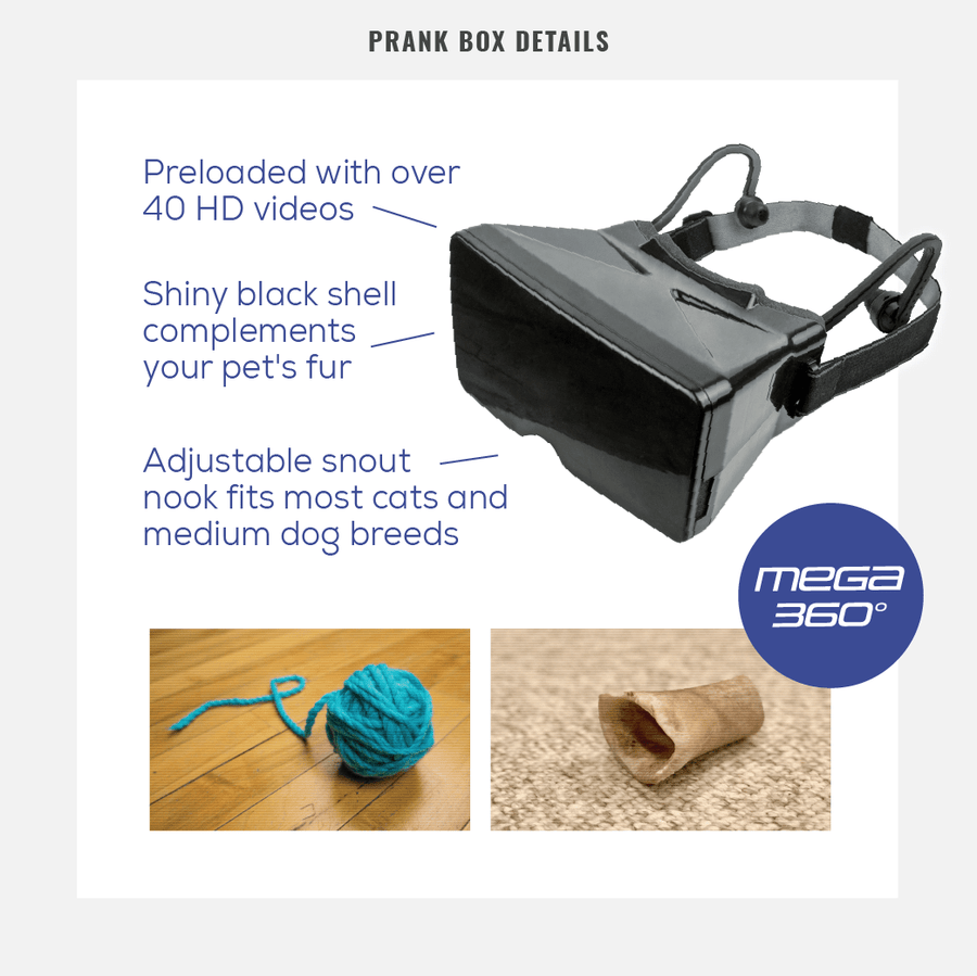 details from the Prank-O joke gift box for Pet VR virtual reality headsets