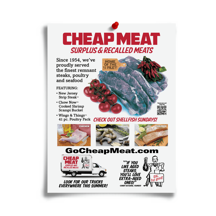 joke flyer for cheap meat, surplus and recalled meats  from Prank-O.