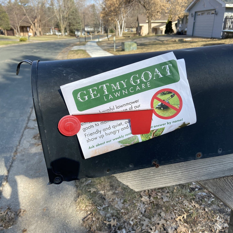 joke flyer for Get My Goat Lawncare, goat lawn mowing services on a mail box