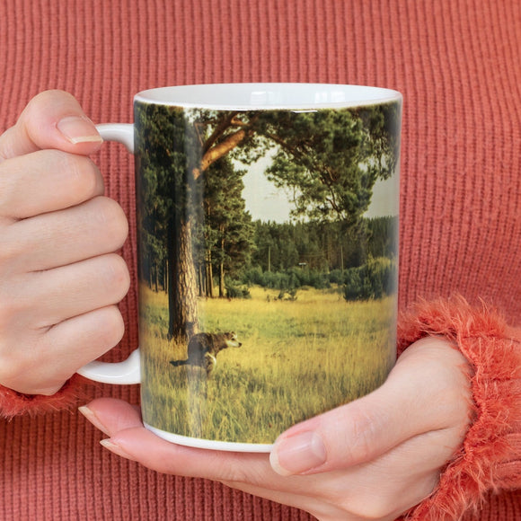 woman holding funny dog coffee mug