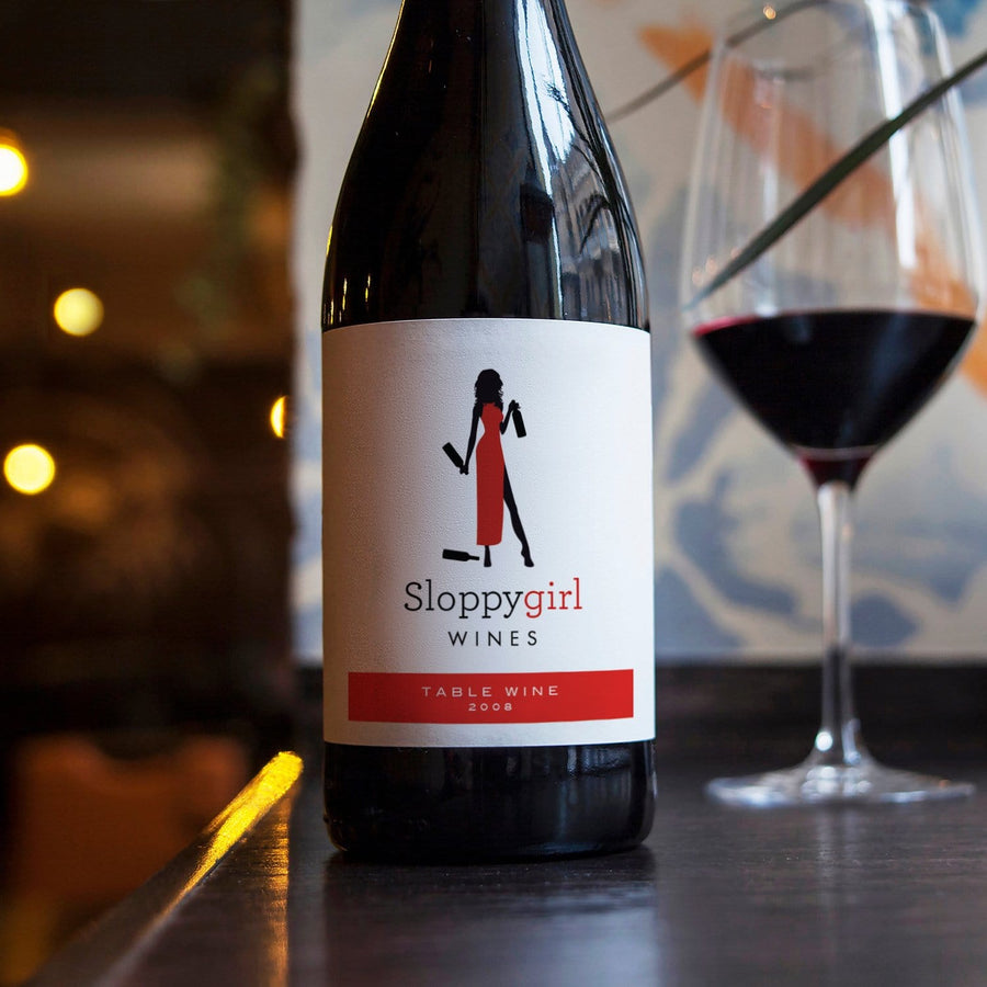 Joke wine label for Sloppy Girl wines on a bottle