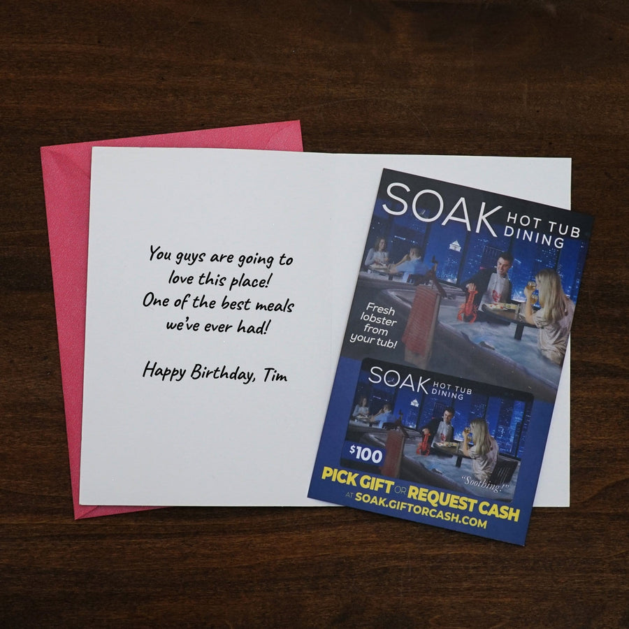 Soak hot tub dining joke gift card from Prank-O in a Birthday card