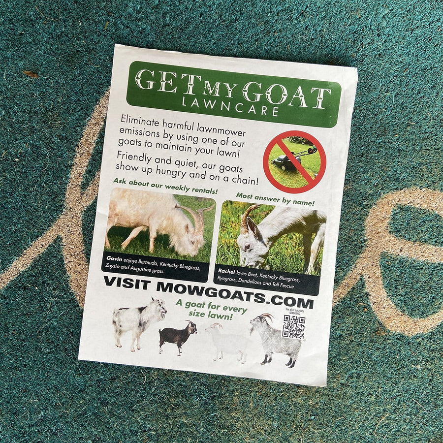 joke flyer for Get My Goat Lawncare, goat lawn mowing services