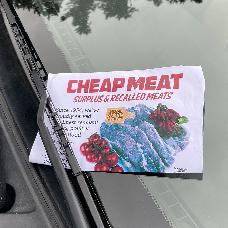 joke flyer for cheap meat, surplus and recalled meats  from Prank-O