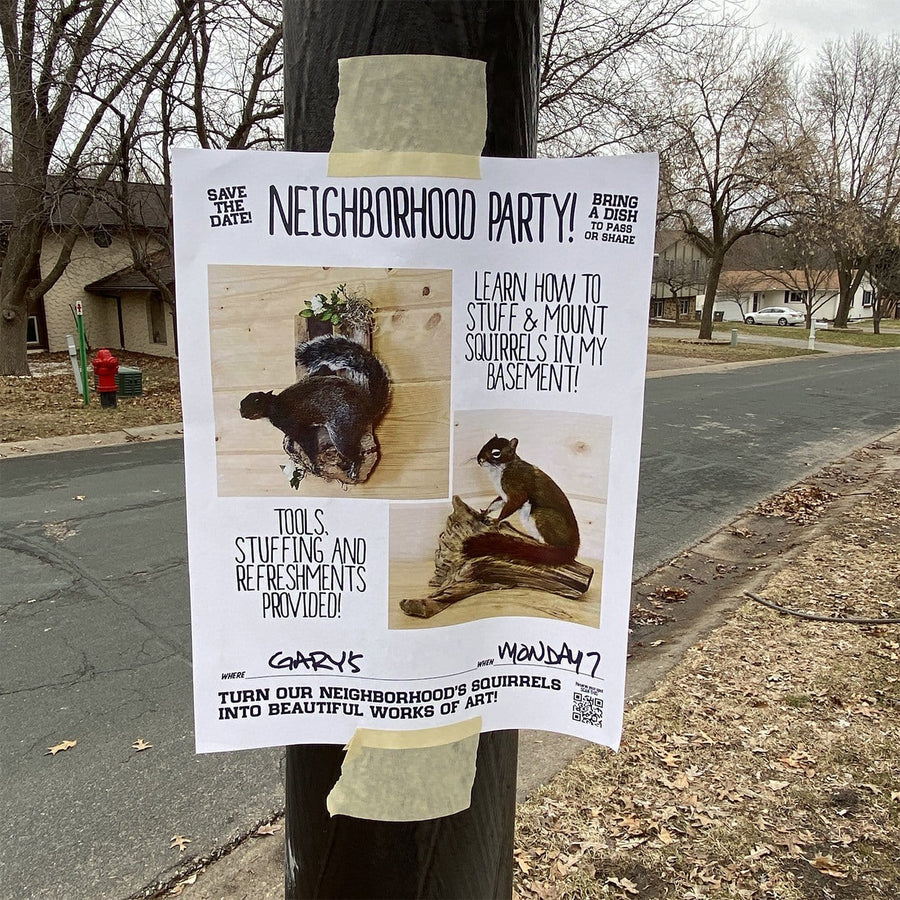joke neighborhood flyer for a squirrel taxidermy party from Prank-O  on a pole