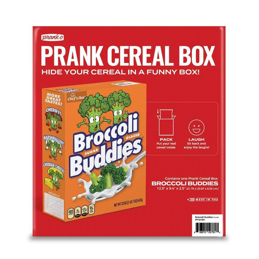 Joke cereal box for 'Broccoli Bites' cereal from Prank-O