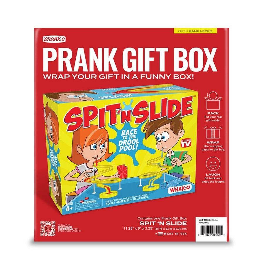 packaging for joke gift box for Prank-O's Spit n Slide board game