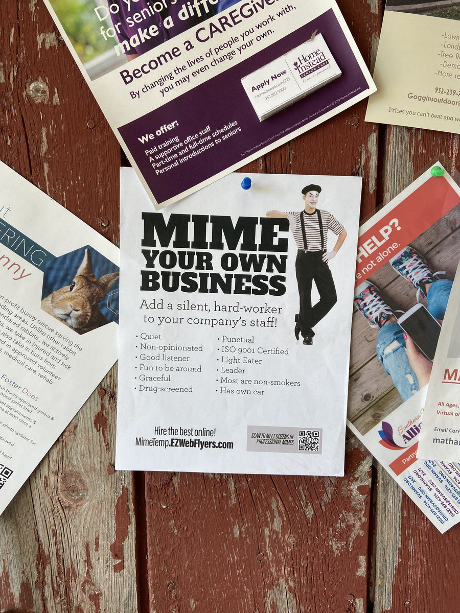 joke flyer from Pranko for Mime Your Own Business