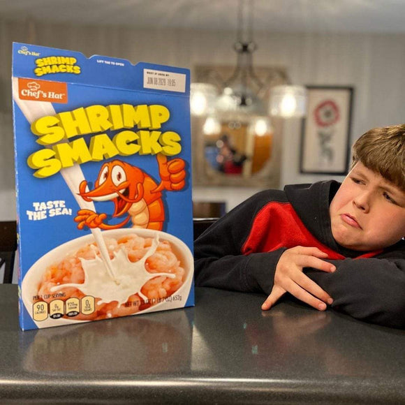 kid reacting to Prank-o's joke cereal box for Shrimp Snacks